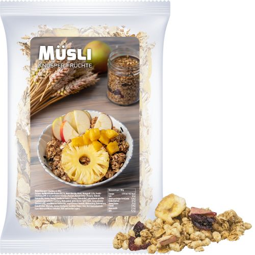 Muesli crunchy fruit, ca. 60g, express maxi bag with label
