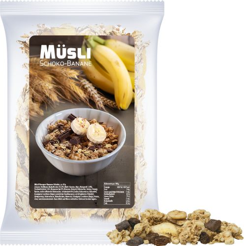 Muesli crunchy banana-choco, ca. 60g, express maxi bag with label