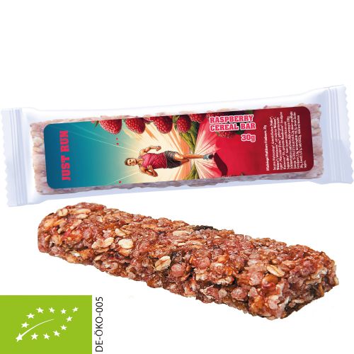 Organic cereal bar raspberry (vegan), 30g, express flowpack with label