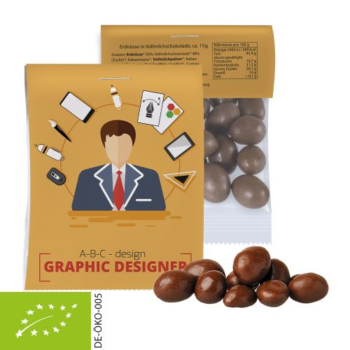 Organic peanuts in milk chocolate, ca. 15g, express midi bag with promotional flyer