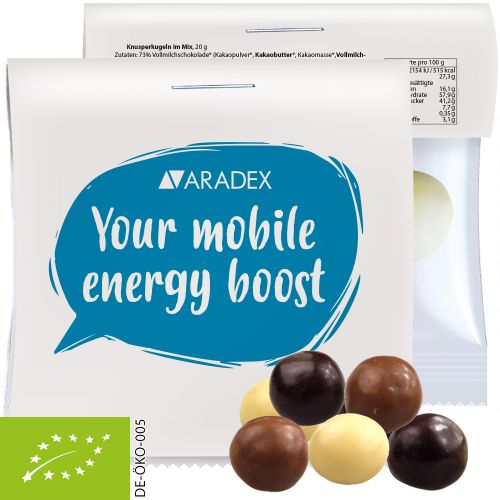 Organic choco crispy balls, ca. 20g, express maxi bag with promotional flyer