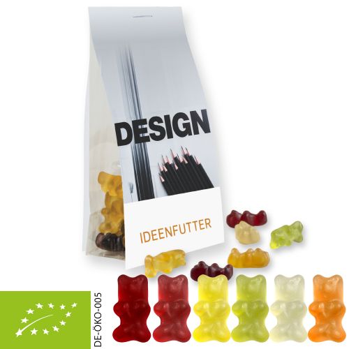 Organic gummy bears with gelatine, ca. 40g, express pouch with promotional flyer