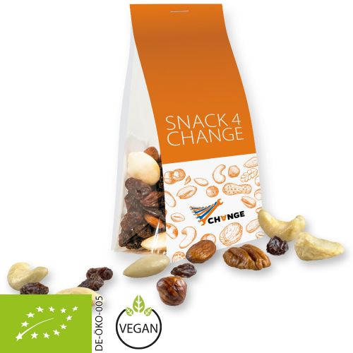 Organic trail mix, ca. 40g, express pouch with promotional flyer