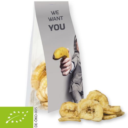 Organic banana chips, ca. 25g, express pouch with promotional flyer