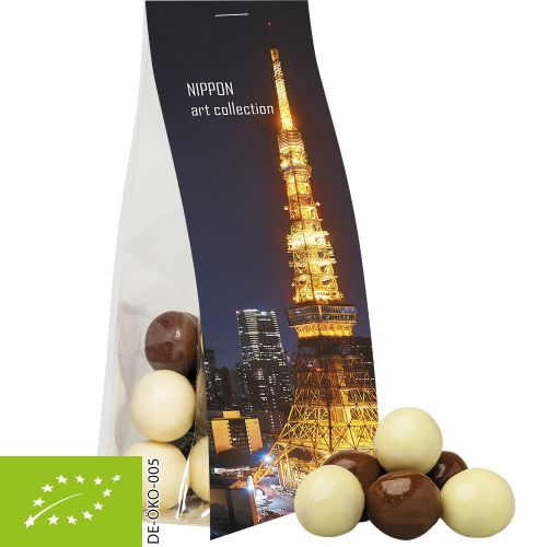 Organic choco crispy balls, ca. 20g, express pouch with promotional flyer