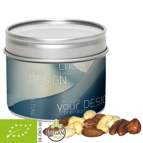 Organic nut mix , ca. 60g, metal tin with window with label