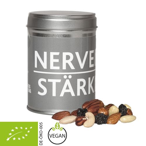 Organic trail mix, ca. 100g, dual tin with label
