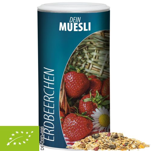 Organic muesli strawberry, ca. 150g, cardboard can medium with label