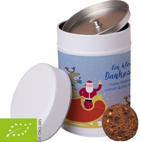 Organic cookie chocolate hazelnut (vegan), ca. 100g, metal tin maxi with label