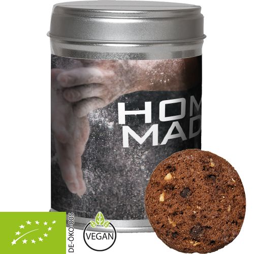 Organic cookie chocolate hazelnut, ca. 50g, dual tin with label