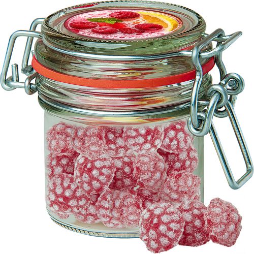 Raspberry candy (vegan), ca. 60g, candy jar mini with label