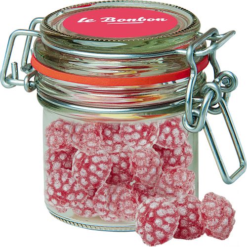 Raspberry candy, ca. 60g, candy jar mini with label