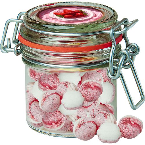 Strawberry yogurt candy (vegan), ca. 60g, candy jar mini with label
