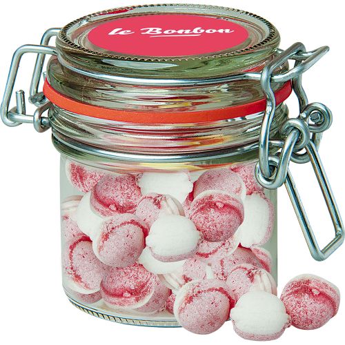 Strawberry yogurt candy, ca. 60g, candy jar mini with label