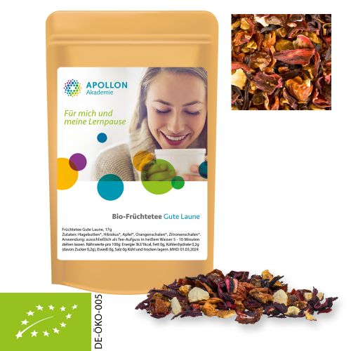 Organic fruit tea good mood, ca. 17g, mini stand up pouch with label