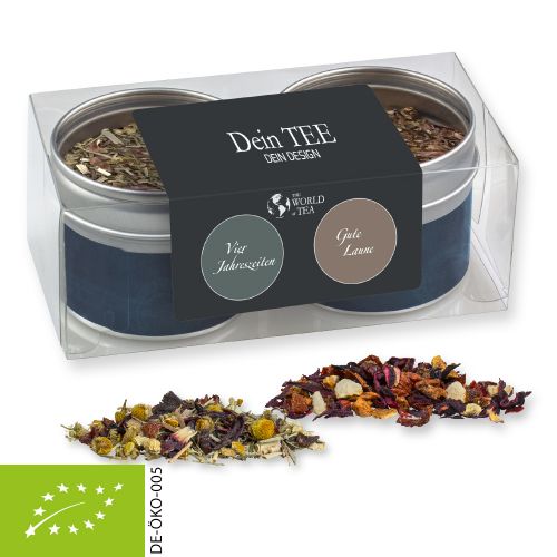 Various tea sorts organic and non organic, ca. 30-70g, 2-set metal tin with window with label