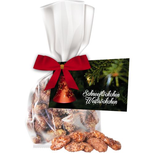 Burnt almonds (vegan), ca. 30g, express flat bag with bow with advertising card