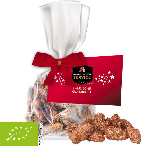 Organic burnt almonds, ca. 30g, express flat bag with bow with advertising card
