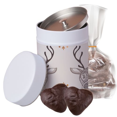 Filled chocolate ginger hearts, ca. 100g, pouch in metal tin maxi with label