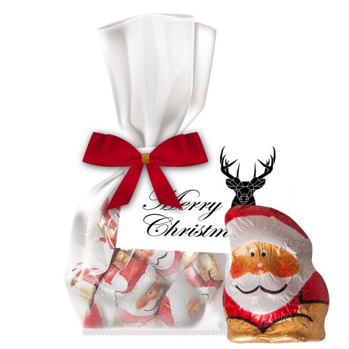 Chocolate mini Santa Claus, ca. 35g, express flat bag with bow with advertising card