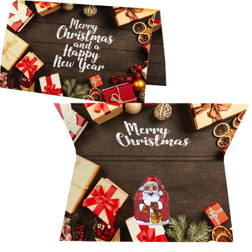 Chocolate mini Santa Claus, ca. 7g, express promotional card A6 folded with print