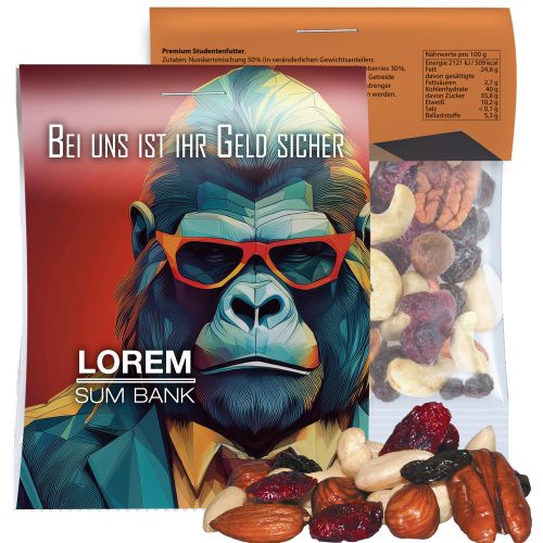Premium trail mix, ca. 15g, express midi bag with promotional flyer