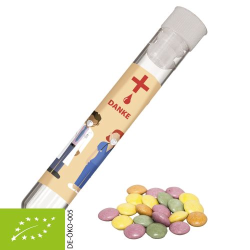 Organic coloured chocolate lentils, ca. 10g, test tube with label