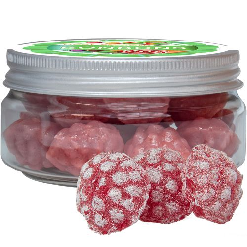 Raspberry candy, ca. 70g, mini sweet jar with label