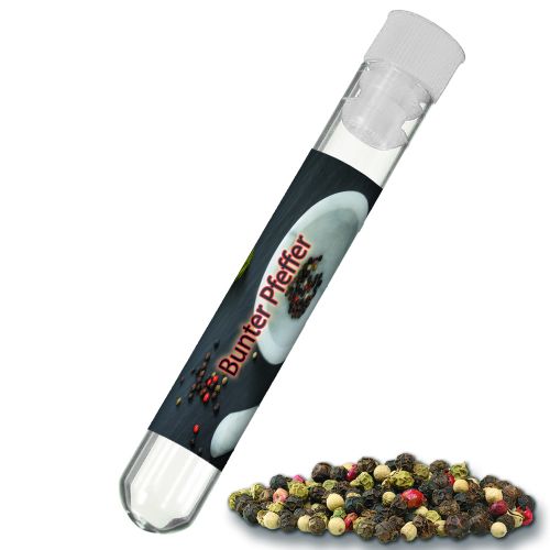 Colorful pepper whole, ca. 5g, test tube with label