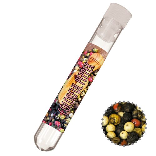 Colorful pepper whole, ca. 5g, test tube with label