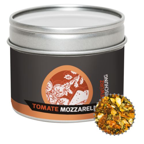 Tomato mozzarella spice, ca. 40g, metal tin with window with label