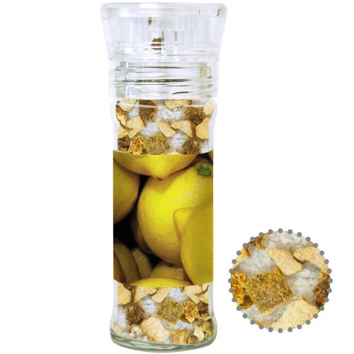 Lemon salt, ca. 80g, transparent spice mill with label