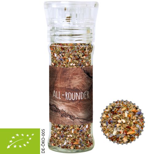 Organic all-rounder spice, ca. 50g, transparent spice mill with label