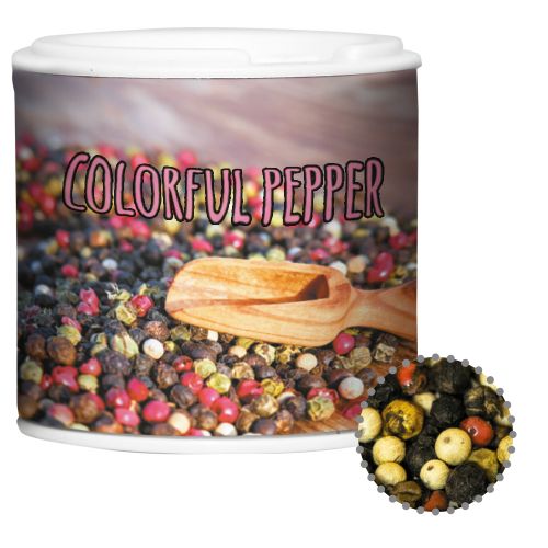 Colorful pepper whole, ca. 20g, cardboard spice shaker with label