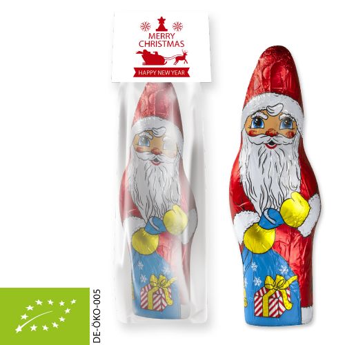 Organic chocolate Santa Claus, ca. 75g, flat bag with promotional flyer