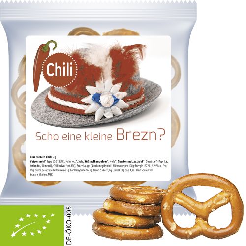 Organic mini pretzels chili, ca. 7g, express maxi bag with label