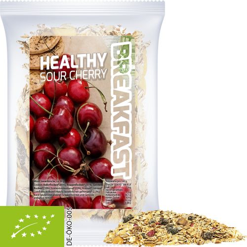 Organic muesli sour cherry, ca. 50g, express maxi bag with label
