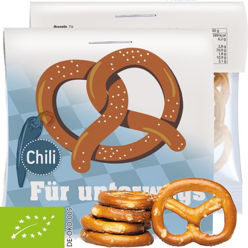 Organic mini pretzels chili, ca. 7g, express maxi bag with promotional flyer