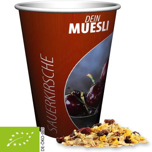 Organic muesli sour cherry, ca. 50g, maxi snack cup