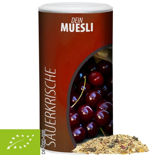 Organic muesli sour cherry, ca. 150g, cardboard can medium with label