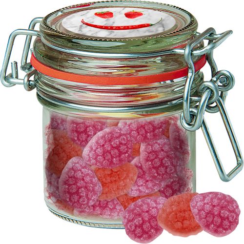 Strawberry chili candy, ca. 60g, candy jar mini with label
