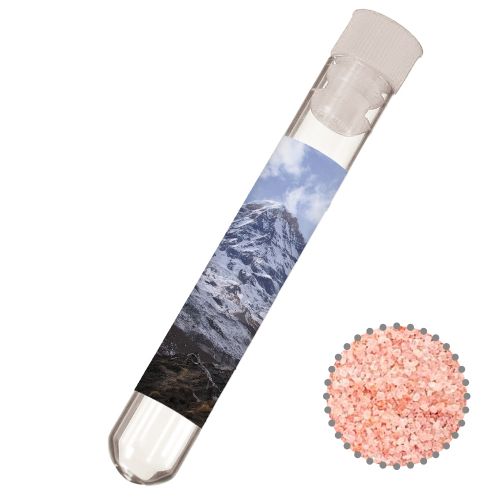 Pink crystal salt, ca. 12g, test tube with label