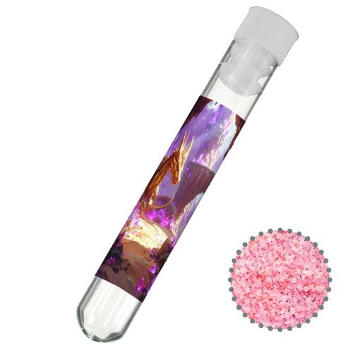 Pink crystal salt, ca. 12g, test tube with label