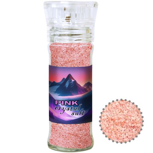 Pink crystal salt, ca. 80g, transparent spice mill with label