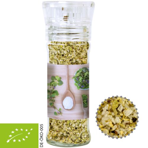 Organic herb salt, ca. 50g, transparent spice mill with label