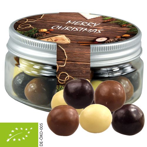 Organic choco crispy balls, ca. 40g, mini sweet jar with label