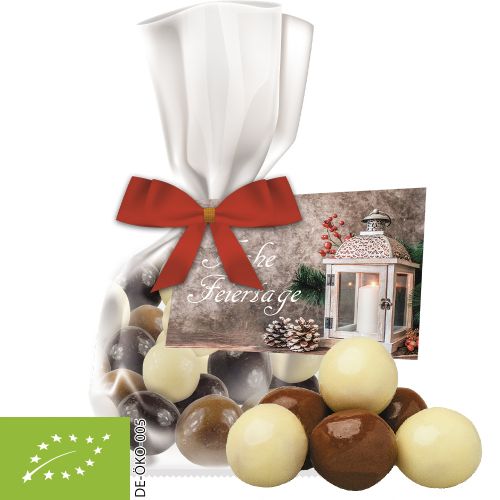 Organic choco crispy balls, ca. 20g, express flat bag with advertising card