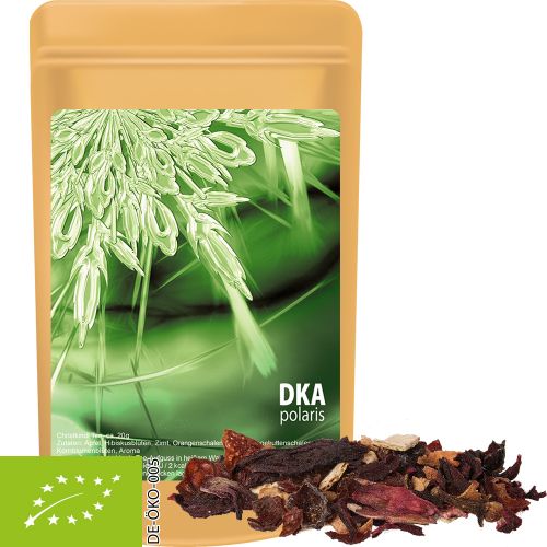 Organic Christmas fruit tea, ca. 20g, mini stand up pouch with label