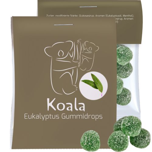 Eucalyptus menthol fruit gummy drops with gelatine, ca. 15g, express midi bag with promotional flyer