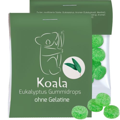 Eucalyptus menthol fruit gummy drops withou gelatine, ca. 15g, express midi bag with promotional flyer